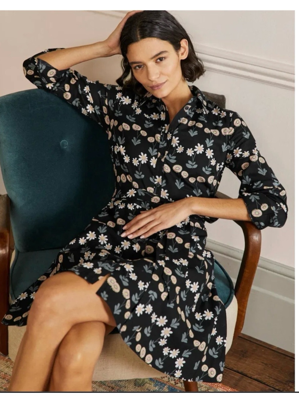 Boden Kitty Shirt Dress Black Daisy-Print Midi Dress with tie Fit & Flare